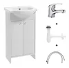 A white bathroom vanity with a sink, a faucet, a drain pipe, and flexible hoses. Anteprima dell’immagine prodotto