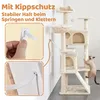 A cat tree with a cat climbing on it, next to a wall with instructional diagrams showing how to secure it. Produktbild-Vorschau