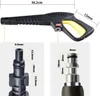 Diagrams showing dimensions of a pressure washer gun and its attachments. Produktbild-Vorschau