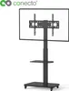 A black TV stand with a flat-screen TV mounted on it, shown against a white background. Produktbild-Vorschau
