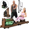 A man and a woman are shown with a rowing machine. The woman is using the machine, and the man is giving a thumbs up. There are also accessories for the machine shown. Produktbild-Vorschau