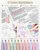 A collage of images showing highlighters being used for planning and drawing, along with a display of the 12 available colors. Produktbild-Vorschau