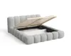 A grey upholstered bed frame with the storage compartment open, revealing the slatted base. Voir les images du produit