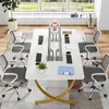 A modern office or home office setup with a large marble-effect desk, multiple computer workstations, and office chairs. Produktbild-Vorschau