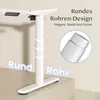 A white adjustable standing desk with a round tube design is shown in a studio setting with text overlays highlighting its features. Produktbild-Vorschau