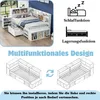 Collage of images showcasing a multifunctional bed with storage and different configurations, accompanied by German text explaining its features and flexibility. Produktbild-Vorschau
