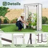 A woman tending to plants in a small greenhouse in a garden setting, with close-up detail shots of the greenhouse features below. Produktbild-Vorschau