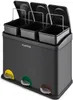 A black three-compartment recycling bin with pedal-operated lids and colored pedals. Náhľad obrázku produktu
