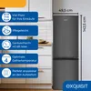 A refrigerator with feature callouts and dimensions shown in a kitchen setting. Produktbild-Vorschau