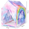 A children's play tent with a unicorn and rainbow design, showing dimensions. Produktbild-Vorschau
