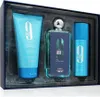 A gift set of men's grooming products, including shower gel, eau de parfum, and deodorant spray, arranged in a dark blue box. Voir les images du produit