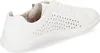 A white leather sneaker with perforated detailing is shown from a side-angle. Voir les images du produit
