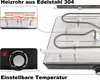 A close-up view of a raclette grill, highlighting its heating element and temperature control knob, with callouts explaining features. Produktbild-Vorschau