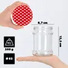 A hand holding a lid with hearts, and a glass jar with dimensions indicated. Produktbild-Vorschau