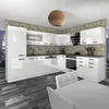 A modern, high-gloss white L-shaped kitchen with a dark wood-look floor and a textured backsplash. A dining table and chairs are in the foreground. Produktbild-Vorschau