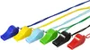 A set of colorful plastic whistles on strings against a white background. Produktbild-Vorschau