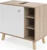 A product shot of a white and wood cabinet with angled legs, set against a white background. Produktbild-Vorschau