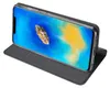 A dark gray flip case for a Huawei Mate 20 Pro phone, shown in a slightly open position with the phone's screen displaying a colorful wallpaper. Náhľad obrázku produktu