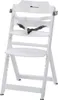 A white wooden high chair with a grey safety harness is shown against a white background. Produktbild-Vorschau