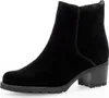A black suede ankle boot with a block heel is shown against a white background. Produktbild-Vorschau