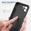 A hand is touching the matte surface of a black phone case, with cotton-like material in the background. Produktbild-Vorschau