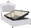 A white bed frame with the mattress support mechanism lifted, revealing storage space underneath. The headboard has a crown design and LED lighting. Náhled obrázku produktu
