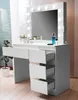 A white vanity table with a lighted mirror and multiple drawers, with some cosmetic items on top. Produktbild-Vorschau