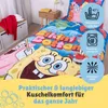 A Spongebob themed duvet cover and pillowcase set displayed on a bed, with informational icons and text overlays. Produktbild-Vorschau