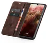 A brown leather flip case for a smartphone, shown open with the phone screen displaying the time and date. Produktbild-Vorschau