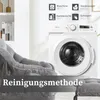A washing machine and a plush armchair are shown in a room, with icons and text indicating cleaning methods. Produktbild-Vorschau