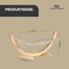 A wooden hammock stand with a beige fabric hammock, with dimensions indicated. Produktbild-Vorschau