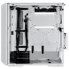 The back of an open white computer tower case, showing internal components and cable management. Voir les images du produit
