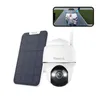 A white security camera with a solar panel and a smartphone displaying a live feed. Produktbild-Vorschau