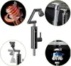 Collage of images showing a kitchen faucet with a water heater, its internal heating element, water flow, adjustable head, and mounting system. Produktbild-Vorschau