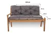 A dark gray bench cushion set on a wooden garden bench, with dimensions indicated by text and arrows. Produktbild-Vorschau
