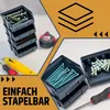 A collage of images showing stackable storage boxes filled with screws, along with tools like a utility knife and screwdriver. The text 'EINFACH STAPELBAR' (Easy to stack) is prominently displayed. Produktbild-Vorschau