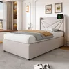 A bedroom setting with a bed, window, and shelves. Produktbild-Vorschau