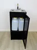 A black mobile sink unit with a stainless steel basin and faucet, open cabinet revealing two large white water containers. Produktbild-Vorschau
