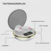 An open charging case for wireless earbuds, with labels pointing to different parts of the product. Produktbild-Vorschau