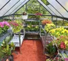 Interior of a greenhouse filled with various potted plants and gardening supplies. Produktbild-Vorschau