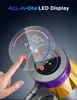 A close-up shot of a cordless vacuum cleaner's display and handle, with a finger interacting with the screen. Produktbild-Vorschau