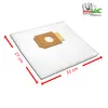 A white vacuum cleaner bag with a brown cardboard attachment is shown on a white background, with dimensions indicated by red arrows and text. Produktbild-Vorschau