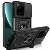 A black phone case with a camera cover and ring holder is displayed. Produktbild-Vorschau