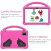 A split image showing a pink tablet case with protective features for camera and screen, along with a display of cartoon monsters on the tablet screen. Náhled obrázku produktu