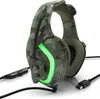 A gaming headset with a camouflage pattern and green LED lights, shown against a white background. Produktbild-Vorschau
