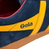A close-up view of a blue Gola sneaker with yellow stripes. Produktbild-Vorschau