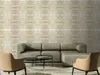 A living room scene with a sectional sofa, accent chairs, and coffee tables in front of a patterned wall. Produktbild-Vorschau