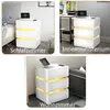 Collage of three images showing a white nightstand with LED lighting in different room settings: bedroom, office, and living room. Náhľad obrázku produktu