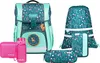 A collection of school supplies including a backpack, a drawstring bag, a pencil case, a lunch box, and a water bottle, all featuring a floral and deer motif. Produktbild-Vorschau
