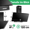 A collage of a black range hood, showing dimensions, features, and specifications. Anteprima dell’immagine prodotto